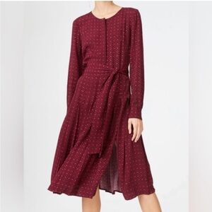 Club Monaco Burgundy Pink Polka Dot Pleated Belted Waist Midi Dress Size 6